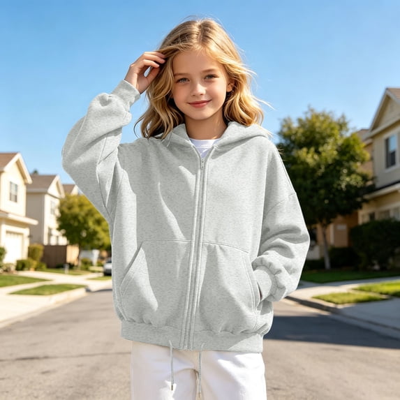 Angala Big Girls Zip Up Hoodie Fall Sweatshirt School Daily Wear Girls Casual Jacket Size 13-14 Years Grey