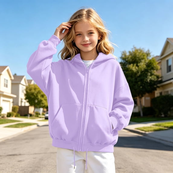 Angala Big Girls Zip Up Hoodie Fall Sweatshirt School Daily Wear Girls Casual Jacket Size 9-10 Years Purple