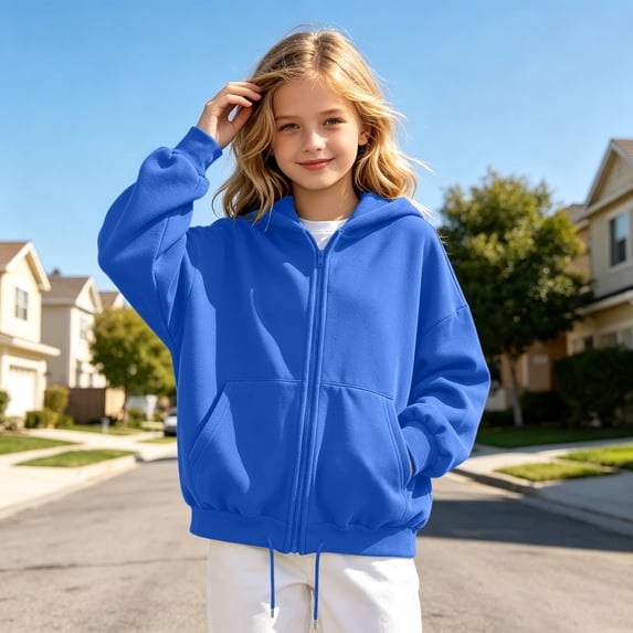 Angala Big Girls Zip Up Hoodie Fall Sweatshirt School Daily Wear Girls Soft Jacket Size 7-8 Years Blue