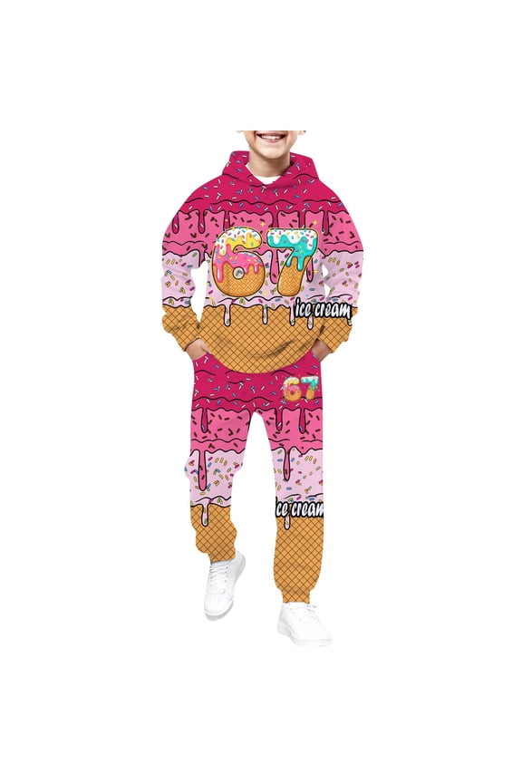 Boys Ice Print Sweatsuit 2Pcs Clothing Sets Cute Preppy Ice Print Drip Baseball Hoodie And Pants Cozy Stylish Children Outfit Set 8-9 Years