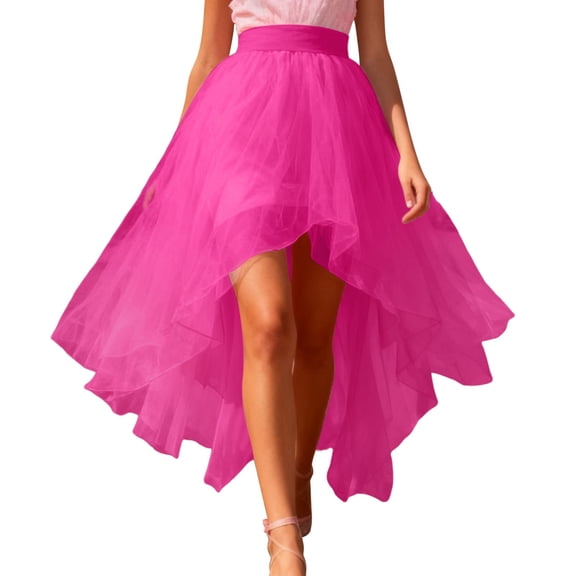 Angala Carnival Colorful Layered Mesh Skirt Asymmetrical High Waist Elastic Waistband Flowy Chiffon Tiered Ruffle Hem Design Beautiful Stylish Women's Skirt