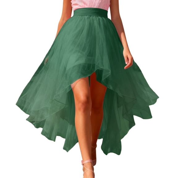 Angala Carnival Colorful Layered Mesh Skirt Asymmetrical High Waist Elastic Waistband Flowy Chiffon Tiered Ruffle Hem Design Beautiful Stylish Women's Skirt