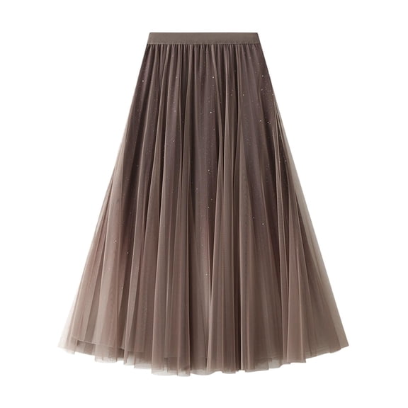 Angala Carnival Women's A Line Tulle Party Dinner Skirt Brown Stretchy High Waisted Flared Skirt Beautiful Stylish Women's Skirt