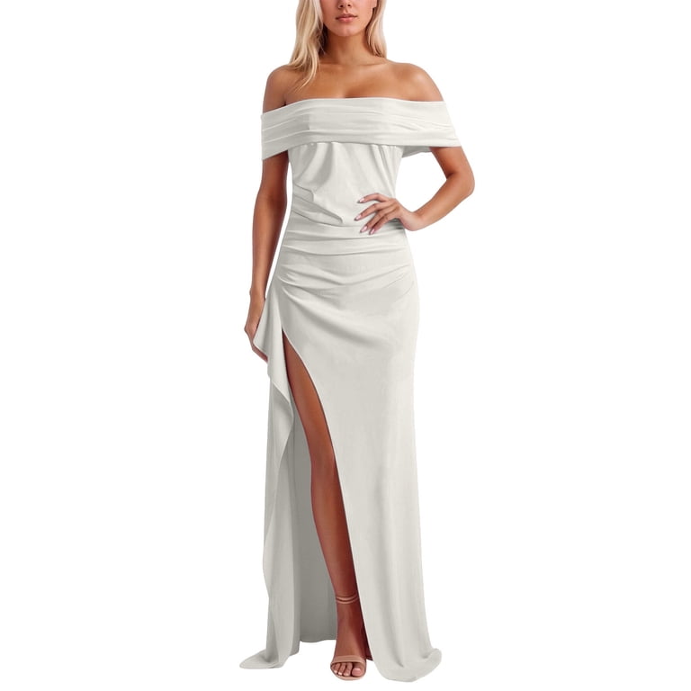 Angala Casual Women Dresses Off Shoulder Maxi Dresses Solid Short Sleeve Side Slit Slim Fit Elegant Party Wear Lady Dresses Summer Size S White