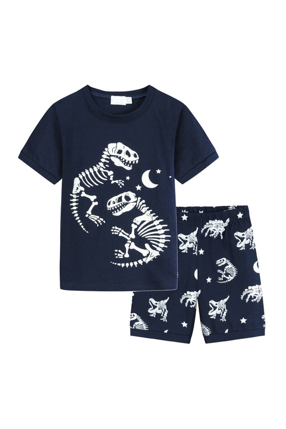Child Clothes Sets Short Sleeve Crew Neck Dinosaur Print Tops With Shorts Sets Summer Handsome Breathable Comfortable Dailywear Boys Clothes Size 1-2 Years Navy