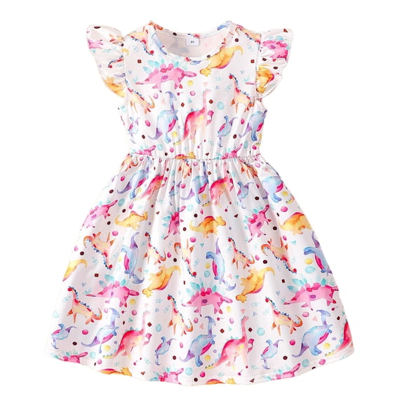 Angala Child Dresses Crew Neck Sleeveless Dinosaur Print A-Line Dress Summer Stretchable Breathable Cute Dailywear Toddler Clothes Size 2-3 Years White
