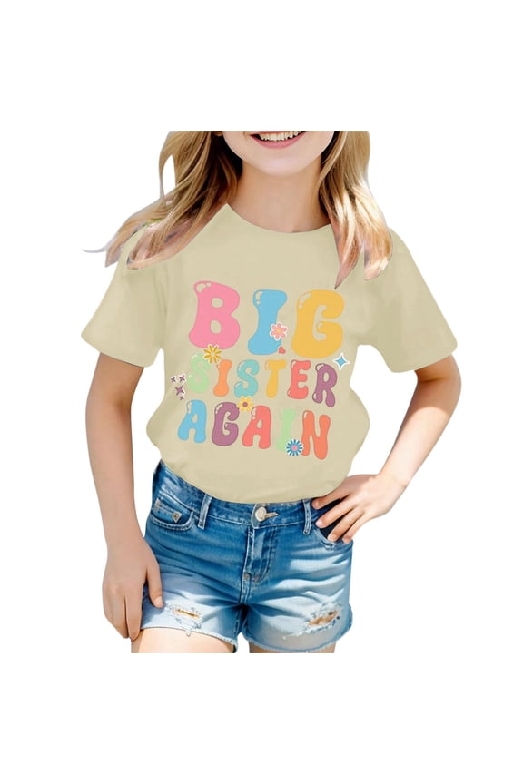 Child T Shirts Short Sleeve Crew Neck Letter Print Summer Classic Fit Cute Comfortable Breathable Dailywear Casual Toddler Girls Tees Size 1-2 Years Beige