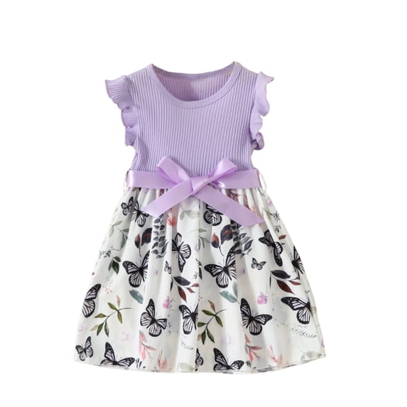 Angala Daily Wear Dress For Girls Flutter Sleeve Crew Neck Butterfly Print With Bowknot Girls Back To School Dresses