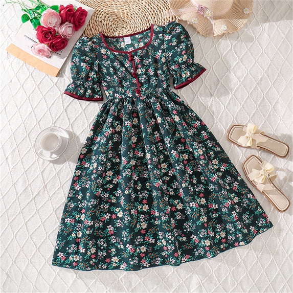 Angala Everyday And Party Dress For Girls Short Sleeve Crew Neck Floral Print Girls Back To School Dresses
