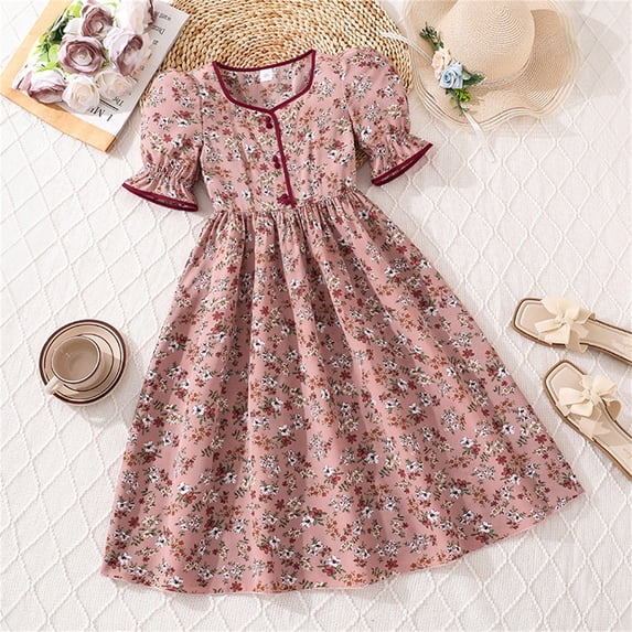 Angala Everyday And Party Dress For Girls Short Sleeve Crew Neck Floral Print Girls Back To School Dresses