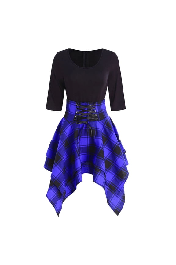Fashion Dress Asymmetrical Lace Up Print Women Casual Mini Tartan O Neck Plaid Women's Dress Elegant Beautiful Casual Women's Dress