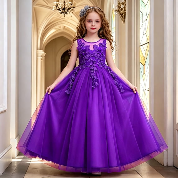 Angala Formal Princess Dress For Girls Sleeveless Crew Neck Solid Color Girls Performance Dresses
