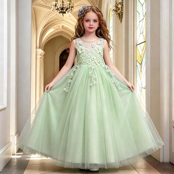 Angala Formal Princess Dress For Girls Sleeveless Crew Neck Solid Color Girls Performance Dresses