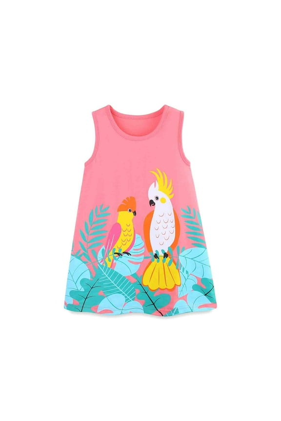 Girls Bird Print Knitted Coton Dress Style Sleeveless Princess Summer Dress Beautiful Casual Cozy Girl's Dress 5-6 Years