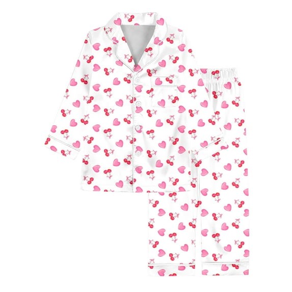 Angala Girls Cartoon Print Silk Like Long Sleeve Pajama Cute Cherry And Heart Design Loungewear Sleepwear For Kids Stylish Cozy Children's Clothes 7-8 Years