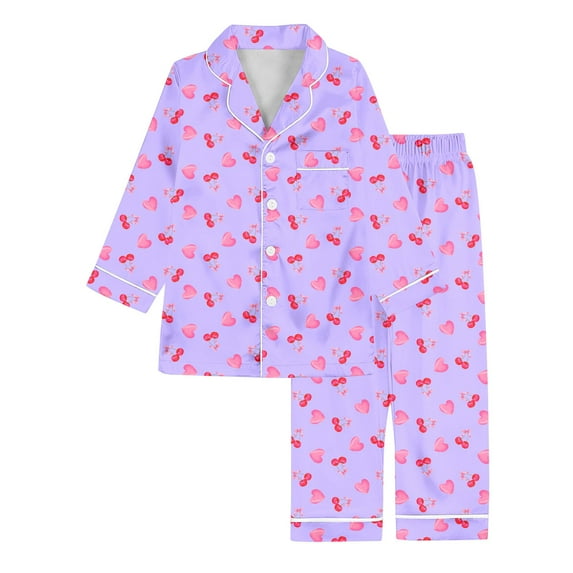Angala Girls Cartoon Print Silk Like Long Sleeve Pajama Cute Cherry And Heart Design Loungewear Sleepwear For Kids Stylish Cozy Children's Outfits 5-6 Years