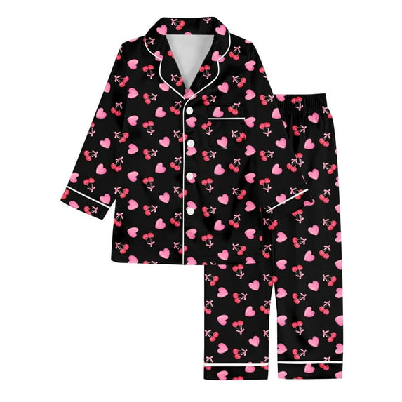 Angala Girls Cartoon Print Silk Like Long Sleeve Pajama Cute Cherry And Heart Design Loungewear Sleepwear For Kids Stylish Cute Cozy Girls And Boys Outfits 3-4 Years
