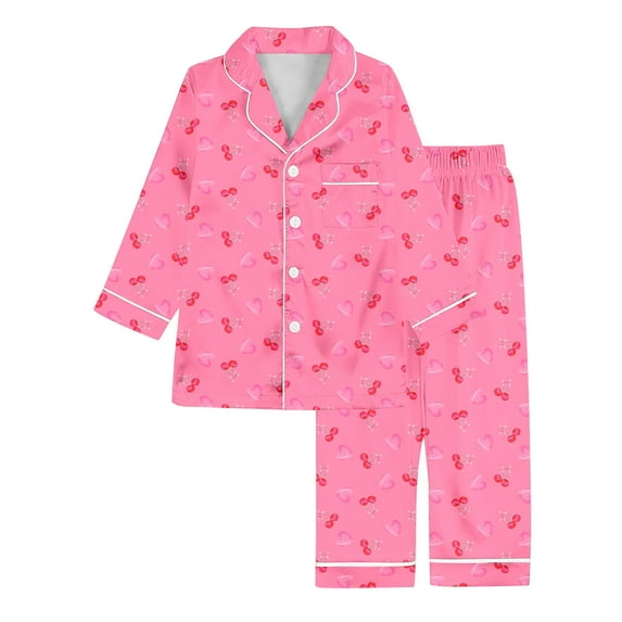 Angala Girls Cartoon Print Silk Like Long Sleeve Pajama Cute Cherry And Heart Design Loungewear Sleepwear For Kids Stylish Cute Cozy Girls And Boys Outfits 7-8 Years