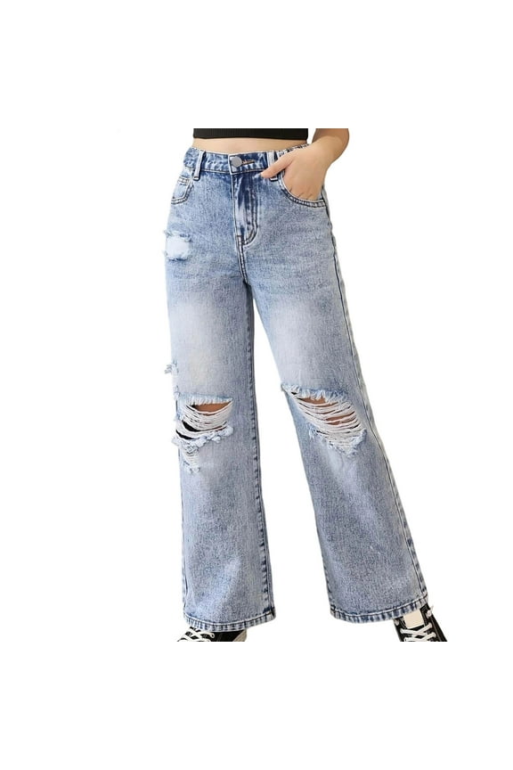 Girls Distressed Jeans Wide Leg Pants For Teenagers With Snow Wash Denim High Waist Casual Loose Fit Trousers For Big Kids Youth Cozy Breathable Toddler Pants
