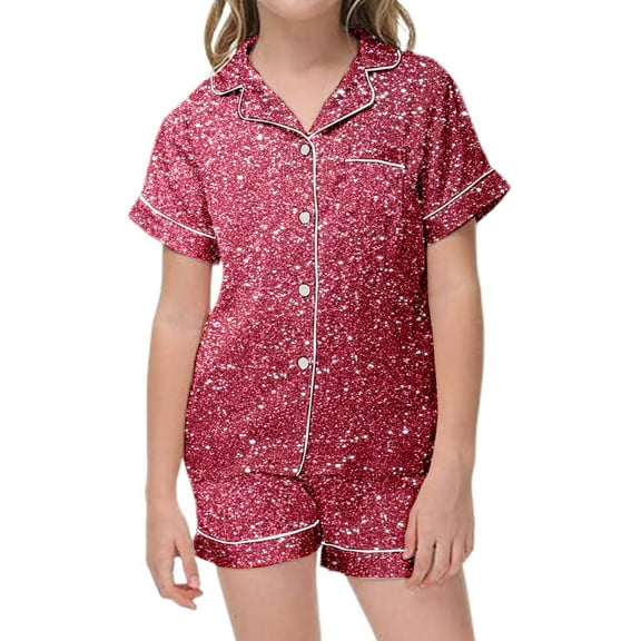 Angala Girls Pajama Set Short Sleeve Sleepwear With Glitter Print Comfortable Wear For Kids Soft Nightwear For Everyday Home Relaxation Cozy Stylish Children Outfit Set 4-5 Years