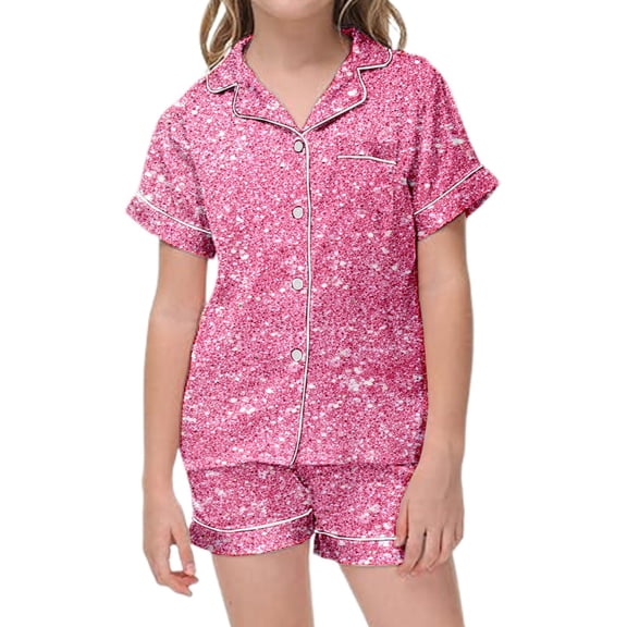 Angala Girls Pajama Set Short Sleeve Sleepwear With Glitter Print Comfortable Wear For Kids Soft Nightwear For Everyday Home Relaxation Cozy Stylish Children Outfit Set 4-5 Years