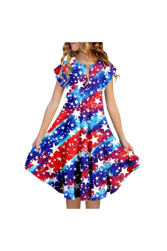 Girls' Print Flutter Sleeve Tiered Dress Red White & Blue Patriotic A Line Summer Dress With Pockets Comfortable Casual Party Dress For Toddler Kids Stylish Cozy Girl's Dress 10-11 Years