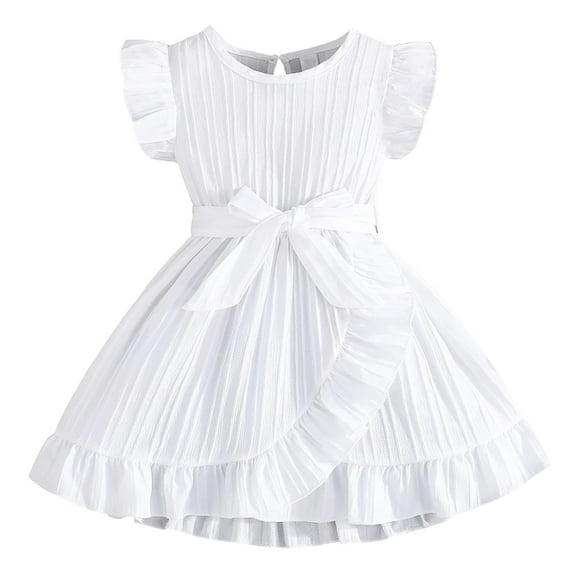 Angala Girls Summer Dress Casual Floral Sleeveless Round Neck Ruffled Waistband Beach Dress For Toddlers Age 3-7 Lightweight Comfortable Play Outfit Beautiful Cute Casual Girl's Dress 4-5 Years