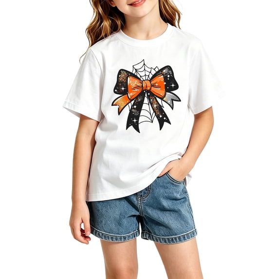 Angala Halloween Big Girls T-Shirt Bowknot Spider Web Graphic Tee Short Sleeve Crew Neck Clothes Summer Casual Athletic Top Size 9-10 Years Purple