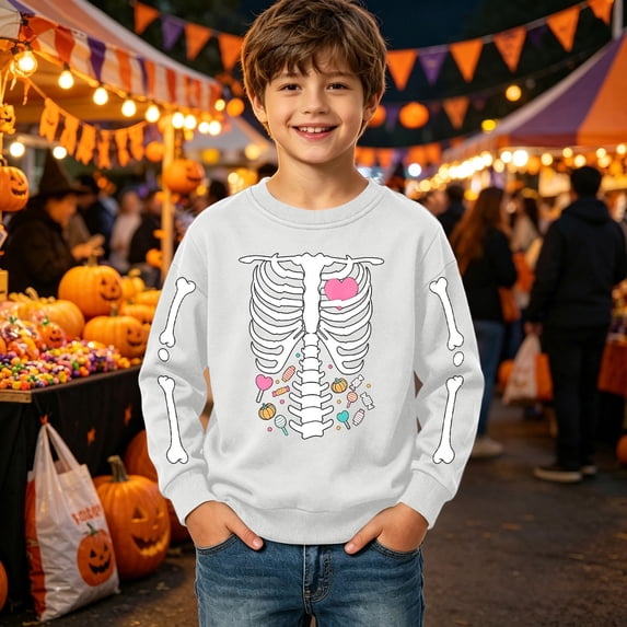 Angala Halloween Boys Sweatshirt Skeleton Graphic Active Top Crew Neck Fall Festival Party Boys Casual Clothes