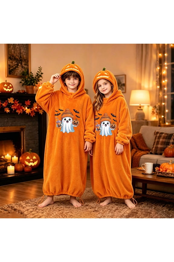 Halloween Pajamas For Big Boys Girls Simple Ghost Graphic Pjs Outfits Long Sleeve Bathrobe Soft Warm Sleepwear Cover Up Set Kid Fall Nightwear