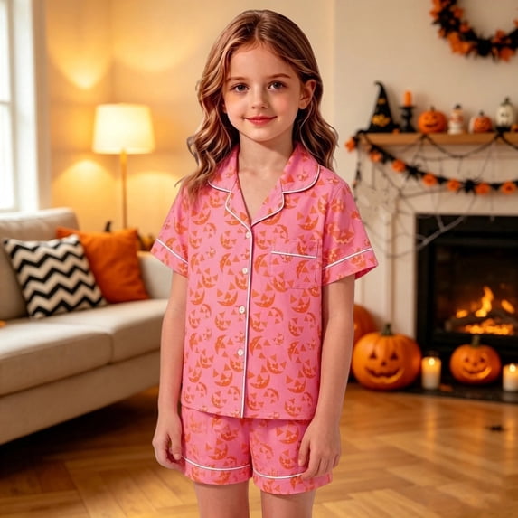 Angala Halloween Pajamas For Big Boys Girls Pumpkin Face Graphic Pjs Outfits Short Sleeve Shorts Set Kid Summer Loungewear