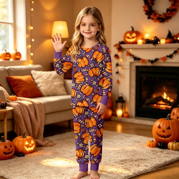 Angala Halloween Pajamas For Big Boys Girls Pumpkin Graphic Pjs Outfits Long Sleeve Pants Set Kid Fall Homewear