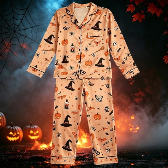 Angala Halloween Pajamas For Big Boys Girls Pumpkin Witch Hat Graphic Pjs Outfits Long Sleeve Pants Set Kid Fall Nightwear