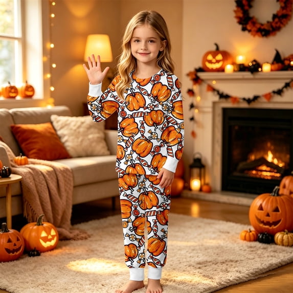 Angala Halloween Pajamas For Little Boys Girls Pumpkin Graphic Pjs Outfits Long Sleeve Pants Set Kid Fall Loungewear