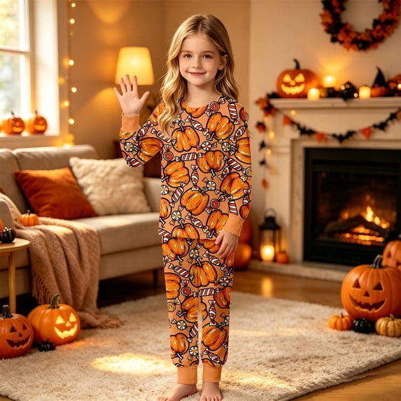 Angala Halloween Pajamas For Toddler Girls Pumpkin Graphic Pjs Outfits Long Sleeve Pants Set Kid Fall Loungewear