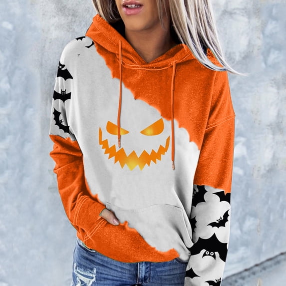Angala Halloween Pullover for Women Graphic Print Long Sleeve Hooded Sweatshirt Women's Halloween Themed Hoodie with Front Pocket