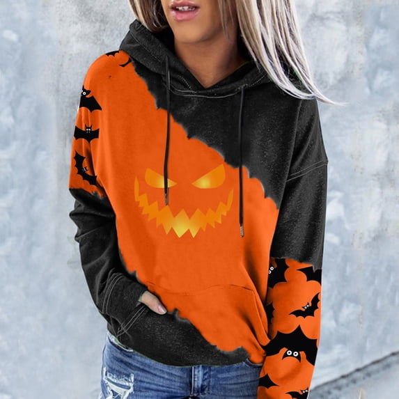 Angala Halloween Pullover for Women Graphic Print Long Sleeve Hooded Sweatshirt Women's Halloween Themed Hoodie with Front Pocket