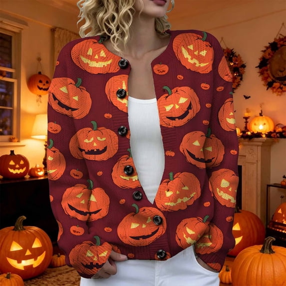 Angala Halloween Women Knit Cardigan Pumpkin Graphic Sweater Coat Long Sleeve Crew Neck Top Women Casual Outer Layer