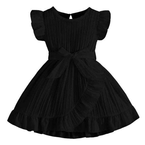 Angala Kids Dresses Crew Neck Short Sleeve Solid Color A-Line Bowknot Sashaes Dress Summer Lightweight Comfy Party Casual Child Clothes Size 3-4 Years Black
