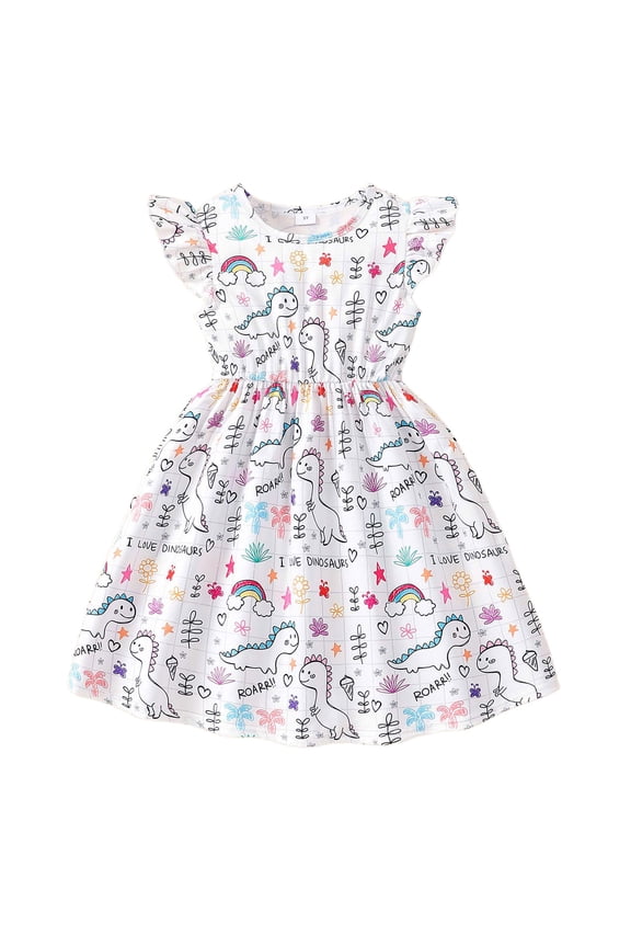 Kids Dresses Crew Neck Sleeveless Dinosaur Print A-Line Dress Summer Stretchable Slim Kawaii Dailywear Casual Child Clothes Size 3-4 Years White