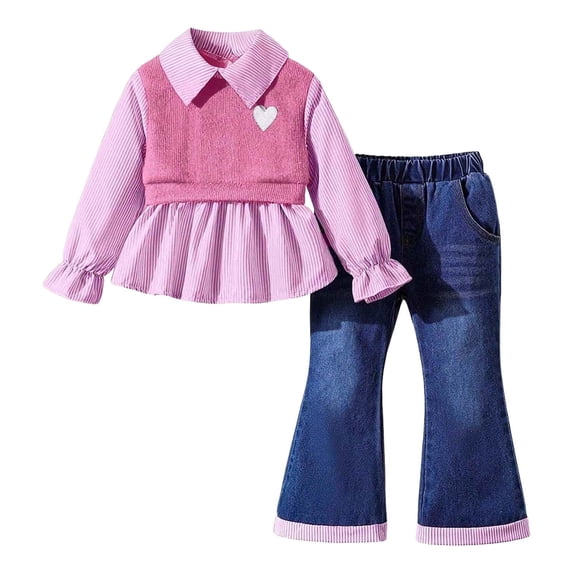 Angala Kids Girls Summer Outfit Sets Lapel Neck Long Sleeve Heart Print — free download