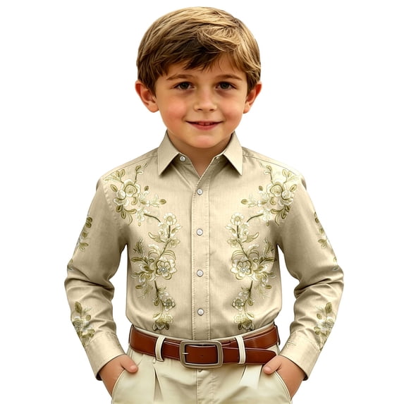 Angala Kids Shirts Long Sleeve Shirts Button Down Lapel Neck Floral Print Cowboy Style Comfortable Breathable Dailywear Boys Tops Size 4-5 Years Beige