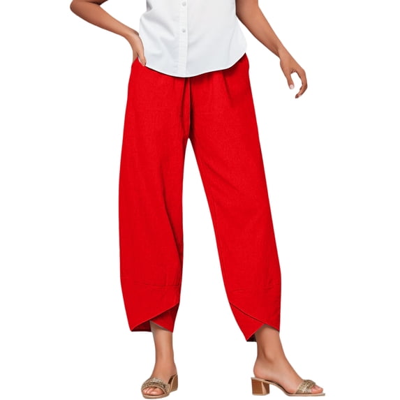 Angala Ladies Casual Pants High Elastic Waist Ankle Pants Loose Solid Irregular Hem Fashion Casual Beach Ladies Pants Size Xl Red