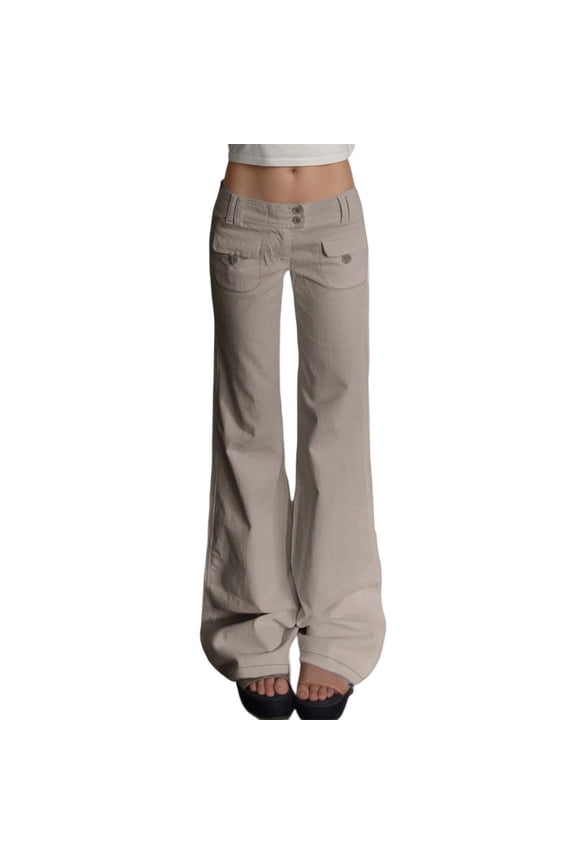 Ladies Casual Pants Solid Low Drop Waist Palazzo Pants Slim Bootcut Fashion Lightweight Business Casual Work Dailywear Womens Trousers Size L Khaki