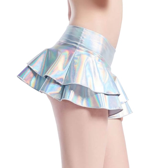 Angala Ladies Low Rise Metallic Tiered Mini Skirt Shiny Ruffle Short Rave Womens Skirts Size S Multicolour