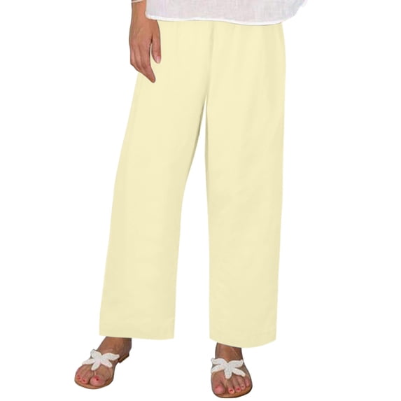 Angala Ladies Pants High Elastic Waist Pants Straight Leg Solid Loose Breathable Linen Ladies Summer Pants Size 4Xl Beige
