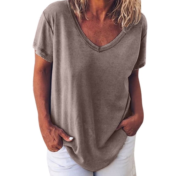 Angala Ladies Shirts V Neck Short Sleeve Solid Color Blouse Summer Loose Comfortable Dailywear Womens Tees Size 5Xl Khaki