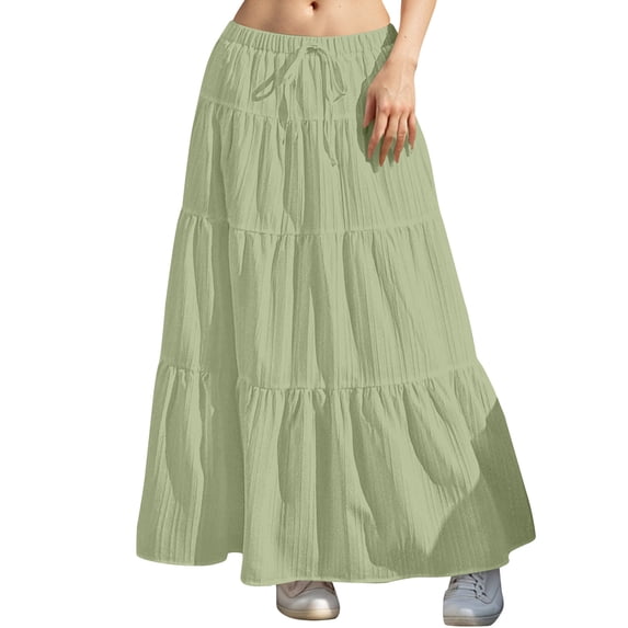 Angala Ladies Skirts Elastic Low Waist Tiered Maxi Skirts Solid Summer Lightweight Flowy Boho Vacation Womens Skirts Size M Green