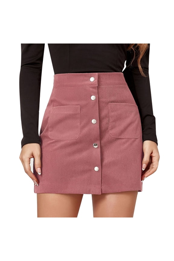 Ladies Skirts High Waist Mini Skirts Button Down Solid Summer Slim Fit Stretchable Fashion Wrap Womens Skirts Size L Pink