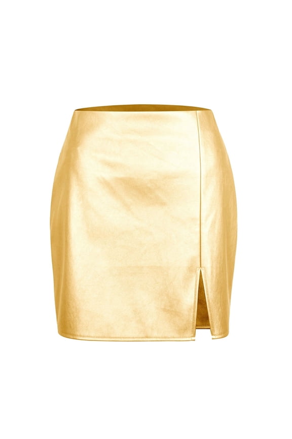 Ladies Skirts Sheath Mini Skirts Summer High Waist Solid Slit Tight Fit Dailywear Party Adult Skirts Size L Gold